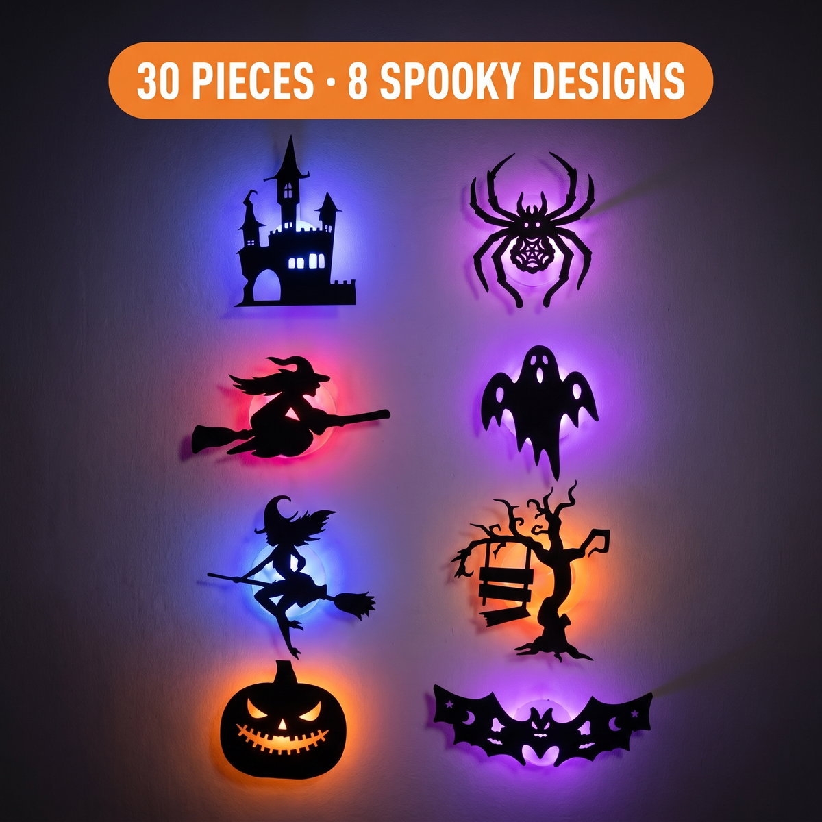 HauntGlow Halloween LED Wall Lights — 30-Piece Silhouette Set